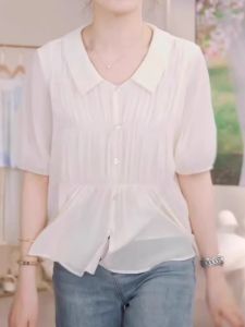 WANGGONGZHU | Fashionable Pleated Short Sleeve Shirt Womens Summer New Design Large Size Casual Elegant Slimming Top Princess Style French Style Loose Fit Lace Material