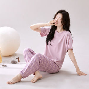 miiow | MiiOW Modal Sleepwear Women Summer Thin Cool Feeling Short Sleeve Long Pants Set Sweet Girl Home Clothes Cotton Modal Spandex