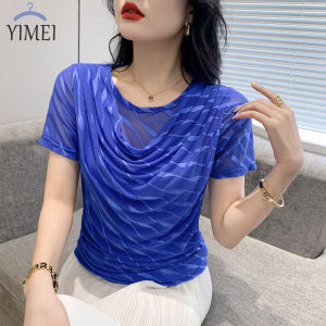 Áo thun nữ Yimei tay Ngắn Đẹp 2023 Áo thun lưới thời trang mới mùa hè Áo màu xanh dương cổ đổ thiết kế cho nữ