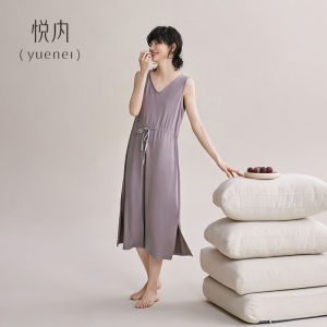 yuenei | YueNei Womens Summer Sleepwear Modal Vest Sleeveless Thin Ice Silk Dress With Chest Pad Casual Home V-neck Long Skirt