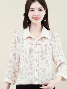 แม่สไตล์จีนใหม่ ฤดูร้อน ทันสมัย พรางหุ่น หลากหลาย เสื้อท่อนบน ลายดอก โพลีเอสเตอร์ ฤดูใบไม้ร่วง ชุดทํางาน