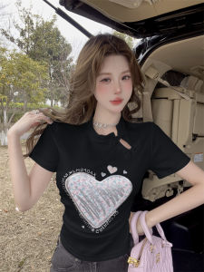GUZILIAN | New Chinese Style Shirt Collar Short Sleeve Womens T-shirt Slim Fit Heart Print Summer New Style Commute Style Pear Body Type