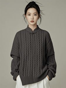 Fashionable Knitted Sweater Womens Inner Wear Grey Brown Color Winter New Chinese Style High End Feel Commute Loose Fit Long Sleeve