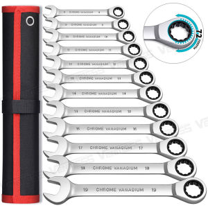 Ratcheting Wrench Set Metric and Standard 12-Point Box End Combination Spanner Gear Wrench Garage Tool SetCR-V Full Polished
