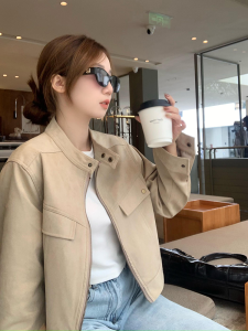 U77 Maillard Brown Suede Crew Neck Coat Womens Sweet Cool Style Motorcycle Clothing Short Petite Jacket Tops