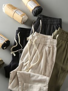 กางเกงขายาวทรงตรงผ้าลินินผสมสไตล์ญี่ปุ่นย้อนยุคสำหรับผู้ชาย ทรงหลวมสบาย ๆ ระบายอากาศได้ดี ทรงหลวมสบาย ๆ ทรงหลวมสบาย ๆ