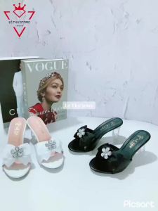 Guốc dép nữ 7 phân quai kết nơ đính hoa mai pha lê gót trong LT (DGH001)