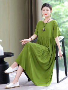 ชุดเดรสผ้าไหมคอตตอนระดับไฮเอนด์สำหรับคุณแม่วัยกลางคน แขนสั้น ทรงหลวม ทรงเอ คอตตอนผสม ทรงเอ ทรงเข้ารูป ฤดูร้อน 2024