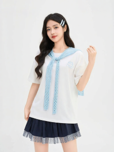 SANFU | Cute Embroidered Short T-shirt with Detachable Knitted Shawl