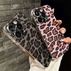 💗Internet celebrity trend+In stock+COD Creative Leopard Print Leather Bumper Phone Case For iPhone 16 15 14 Plus 13 12 11 Pro Max Plating Camera Lens Protective Cover