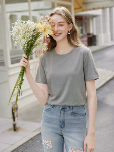 XIANGYING | Gray Round Neck Shoulder Fit Casual T-Shirt Loose Slimming