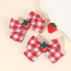 2Pcs Cherry Bow Hair Clips Strawberry Plaid Hairpin Sweet Fashion Barrette For Girls Childrens Headdress Korean Kid Accessories