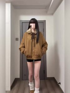 A chock | Detachable Fur Collar Bow Warmth Outerwear
