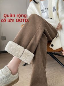 JIANGLU | Quần ống rộng lót lông cừu dày cho nữ mùa thu đông quần dài ống đứng rộng rãi thoải mái cạp cao phong cách đường phố