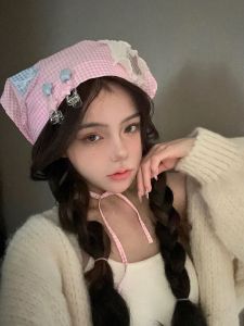 Spring Summer Plaid Butterfly Knot Headscarf Korean Style Triangle Scarf Decorative Checkered Patterned Hairband for Girls