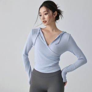 Umeko Womens Yoga Sportswear V-Neck Long Sleeve Hoodie Running Training Fitness Clothes Breathable Quick-Dry Moisture-Wicking