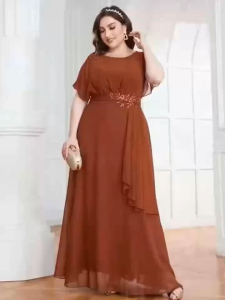D#961 D#961 Plus Size Chiffon Formal Evening Dress Ruffle Short Sleeve Beaded Waist Maxi Dress