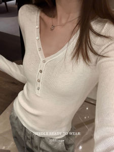 Button Front V-Neck Slim Fit Long Sleeve Knit Top