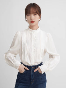 Elegant French Style White Shirt Womens Spring Autumn New Design Stand Collar Accordion Pleat Bubble Sleeve Fashionable Blouse