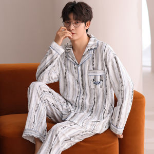 Miiow | Pure Cotton Catman Sleepwear Spring Autumn Style Mens Home Clothes Popular Model Youth Long Sleeve Button Closure Comfortable