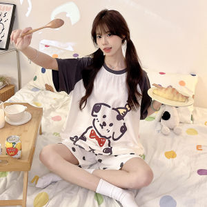 ชุดนอนผ้าโมดอลสำหรับเด็กผู้หญิง ฤดูร้อน ผ้าไหมน้ำแข็งบางๆ ชุดนอนผ้าขนแกะ กางเกงขาสั้น คอกลม แขนสั้น ลายการ์ตูน