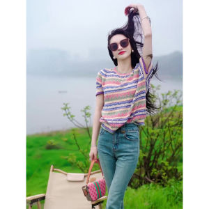 Womens Hollow out Ice Silk Knitted Short Sleeve round Neck T-Shirt Summer Thin Stripe Design Sensation Sweet Style Top