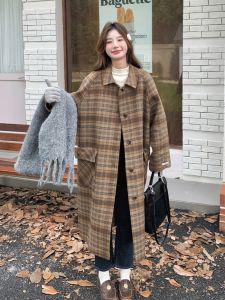 Khaki Plaid Double-Sided Cashmere Coat Winter Womens Loose Thickened Medium-Length Woolen Jacket Commute Style Long Sleeve
