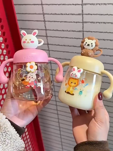 350ML BPA Free Drinking Bottle Baby Water Bottle Straw Cups Cartoon Handle Bottle Leak Proof Training Cup