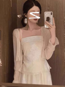 สไตล์จีนใหม่ Ultra-Fairy ฤดูร้อน เสื้อผ้ากันแดด ผู้หญิง แจ๊กเก็ตสั้น ผ้าชีฟอง โปร่งแสง ปกปิดด้วย กระโปรง