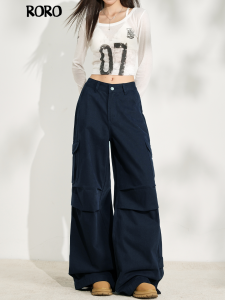 Slimming High Waist Workwear Jeans Womens Blue Color Wide Leg Floor Length Pants Casual Cotton Material Wear Resistant