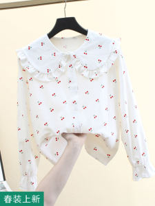 เสื้อเชิ้ตคอปกตุ๊กตาแขนยาวผ้าฝ้ายลินินหลวมๆ สำหรับผู้หญิง เสื้อเชิ้ตสไตล์ฝรั่งเศสลายดอกไม้ ทรงหลวมๆ ใส่ได้ตลอดทั้งปี