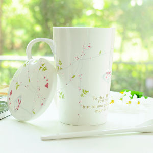 Good-looking Bone China Cup Fancy Ceramic Cup with Cover Spoon Women Office Mug Breakfast Cup Large Capacity