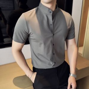 New Chinese Style Slim Fit Ice Silk Short Sleeve Shirt Mens Summer Thin High End Casual Versatile Elastic Business Casual Shirt
