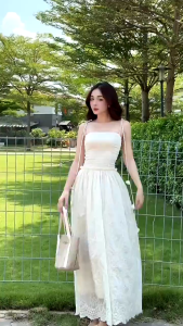 Set đi biển set nàng thơ dịu dàng thiết kế Ren Quảng Châu áo 2 dây mix chân váy dài xoè Ren có lót