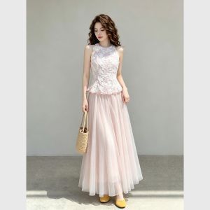 Elegant Pink Lace Set Vest Skirt