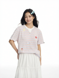 dangerouspeople | Spliced Embroidery Striped Short Sleeve Tshirt