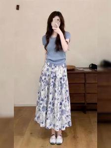 NIUVIES | Blue Short Sleeve T-shirt Floral Skirt Summer Outfit Set