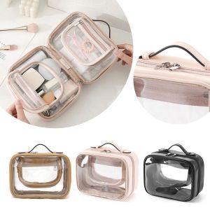 JUSTODO สองชั้น ถุงแต่งหน้าใส โปร่งใสโปร่งใส ที่เก็บแปรงแต่งหน้า กระเป๋าเก็บอุปกรณ์อาบน้ำ จุได้มาก ซิปมีซิป กระเป๋าเครื่องสำอาง การเดินทางการเดินทาง