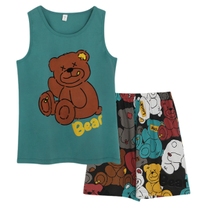 Miiow | Pure Cotton Summer Lightweight Childrens Sleepwear Set Catman Boys Home Clothes Short Sleeve Round Neck Sweat Absorbent Breathable