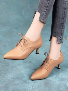 Womens mid Heel Pointed Toe Shoes Spring New Style British Style Fashion Single Shoes Deep Mouth Small Heel Leather Shoes