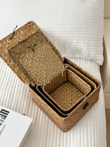 สไตล์ชนบท Handทอหญ้าเดสก์ท็อปกล่องเก็บชาตารางขนมขบเคี้ยวเบ็ดเตล็ดสินค้าตะกร้าเก็บพร้อมฝาปิดตกแต่งห้องนั่งเล่น