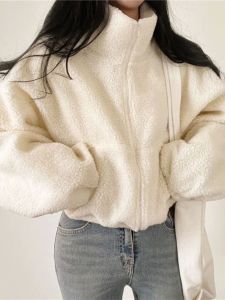 หลวม ผู้หญิง ซิป คาร์ดิเกน เสื้อแจ็คเก็ต สตรีทสไตล์ โอเวอร์ไซส์ ด้านบน หนาขึ้น แขนยาว ปกตั้ง สีทึบ ฤดูใบไม้ร่วง สวมใส่