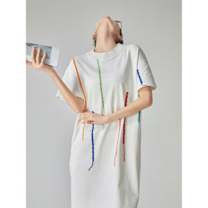 XIAODADEHUA | Embroidered Color Stripe Short Sleeve T-shirt Dress