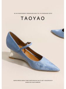 New Chinese Style Blue Mary Jane Slope Heel High Heels Womens 2025 New Elegance Slip-On Single Shoes Fashionable Leather