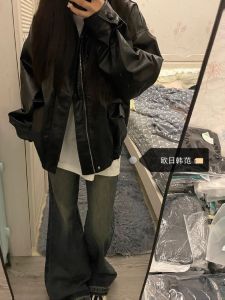 Plus Size Cool Handsome Black PU Leather Coat for Women Fall and Winter American Retro Stylish Casual Loose Motorcycle Jacket