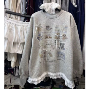 Fashionable round Neck Patchwork Hem Lace Trim Sweatshirt Spring Summer New Arrival for Girls Sweet Style 12292 Elegant Kids Wear