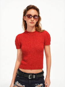 Special Textured Yarn Half High Collar Curled Hem Vintage Breathable Bubble Sleeve Blouse