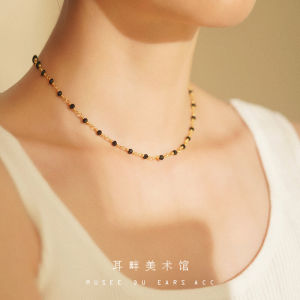 Handmade Black Tip Stone Fine Necklace Versatile Vintage French Style Birthday Gift for Women Lightweight Luxury Jewelry