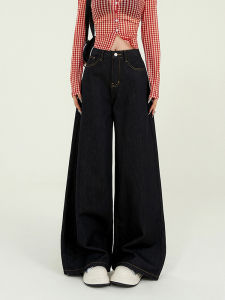 Quần Jeans Ống Rộng Cạp Cao Màu Đen Phong Cách Mỹ Retro Cho Nữ Quần Dài Dài Đến Sàn Quần Thường Ngày Cho Mùa Thu