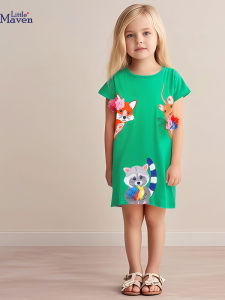Girls Summer Cartoon Short Sleeve Dress Embroidered Patch Childrens Skirt Soft Washed Cotton Dress Little Maven Brand